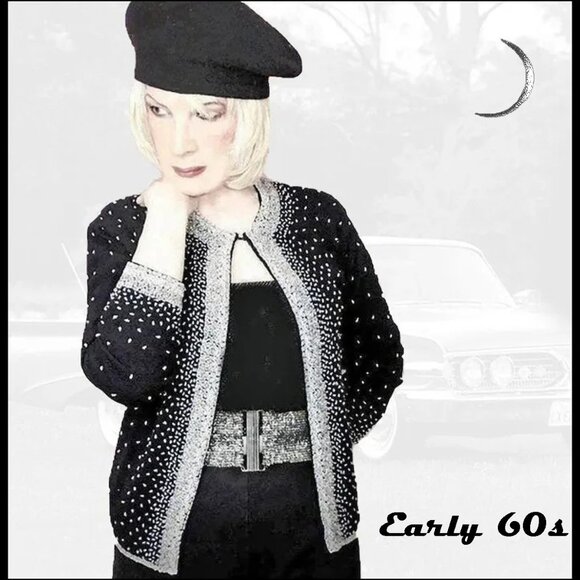 Vintage Beaded Cardigan, Beaded Black Sweater, Rockabilly Fun - Picture 1 of 14